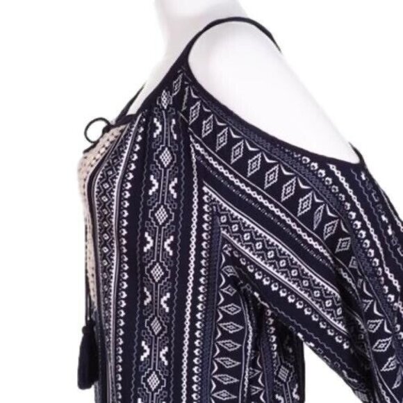 Ya Los Angeles BoHo Dress Size M Womens Cold Shoulder Blue White - Picture 5 of 7